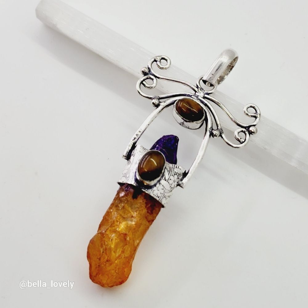 Unique! Bi-Color Tourmaline Tiger Eye Ethnic Handmade Pendant Jewelry 3" - Picture 4 of 6
